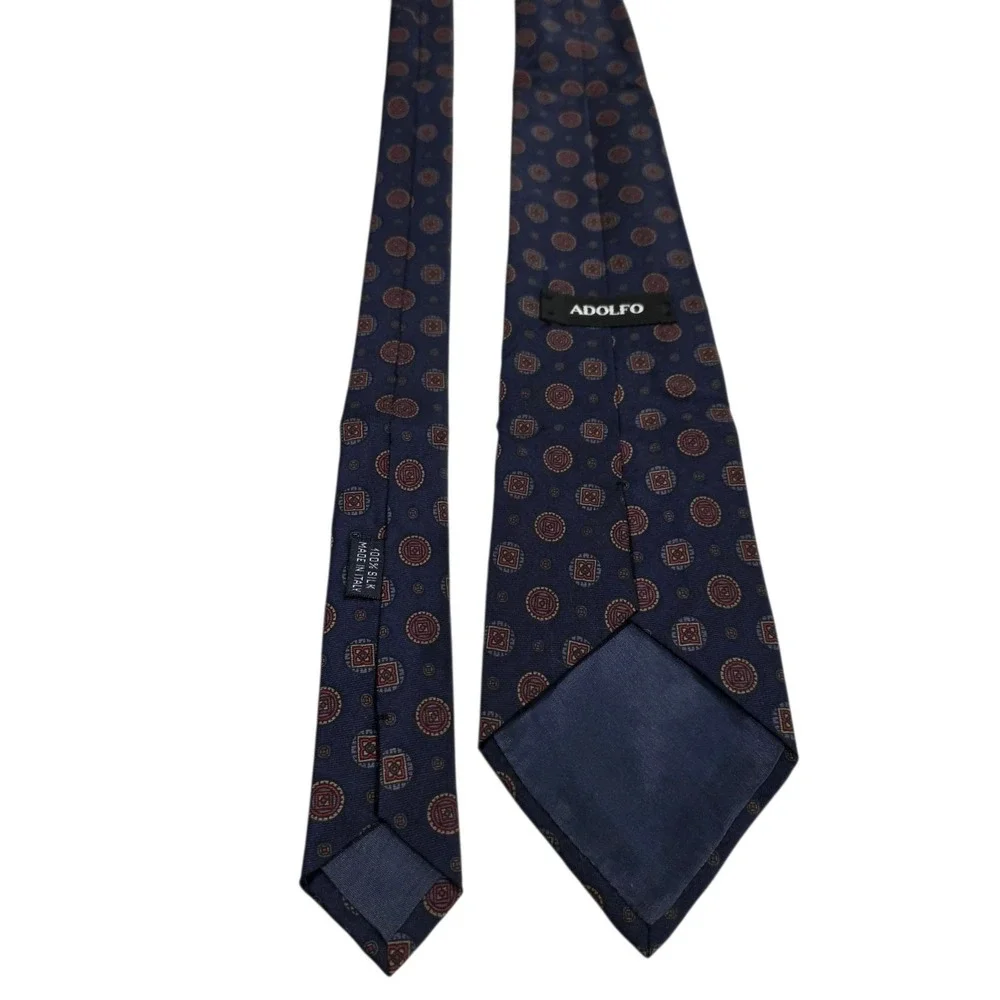 ADOLFO Silk Geometric Pattern Necktie Navy Blue Made in‎ Italy Luxury Accessory